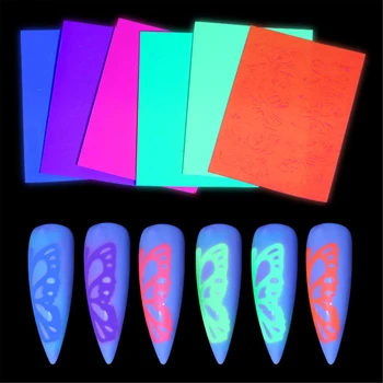 

6Pcs Fluorescent Butterfly Nail Art Stickers Set Wings Style Watermark DIY Self Adhesive Colorful Tips Nail Decals Manicure Tool