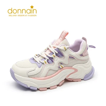 

DONNAIN Autumn Genuine Leather Flat Shoes Women Mixed Color Fashion Sneakers Casual Round Toe Mid Heel Sports Shoes Green Purple
