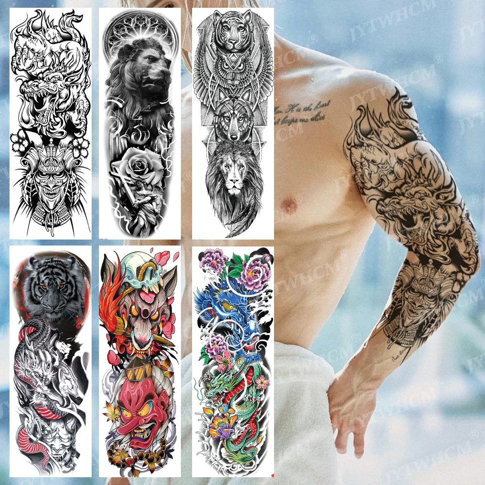Temporary Tattoo Black Tattoo Sleeve Large Full Arm Fake Tattoos Lion Tiger  Wolf Dragon Body Art Stickers Waterproof Mens Ladies|Temporary Tattoos| -  AliExpress
