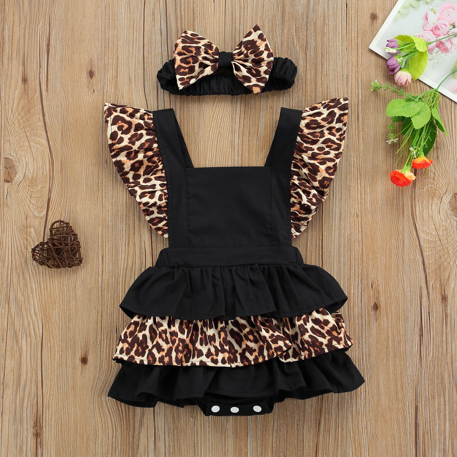 Baby Girl Clothes Leopard Print Set, Flying Sleeve Square Collar