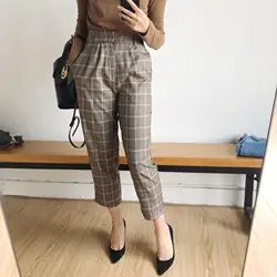 2019 женские осенние клетчатые брюки средней талией офисные женские брюки длиной до щиколотки прямые брюки с карманами