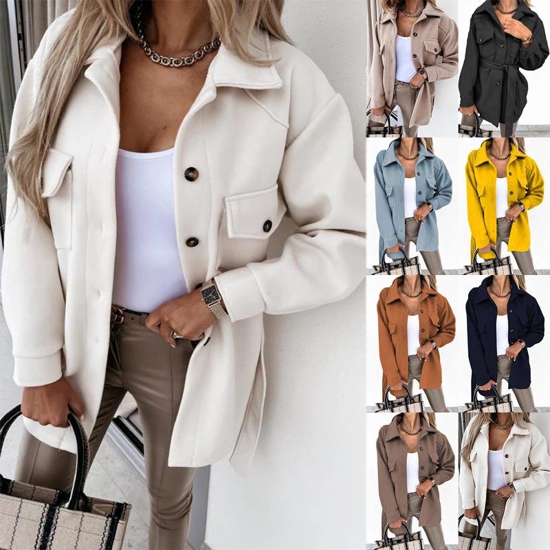 

Autumn Single Breasted Turn-down Collar Wool Coat Women Elegant Long Sleeve Pocket Outwear Fashion Solid Loose Streetwear Jacket