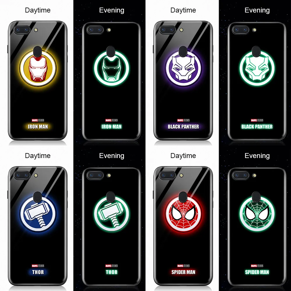 

For OPPO Realme 1 2 3 5 Pro XT Luminous Marvel Avenger Superhero Logo Glossy Case Spiderman Ironman Glass Back Cover Casing