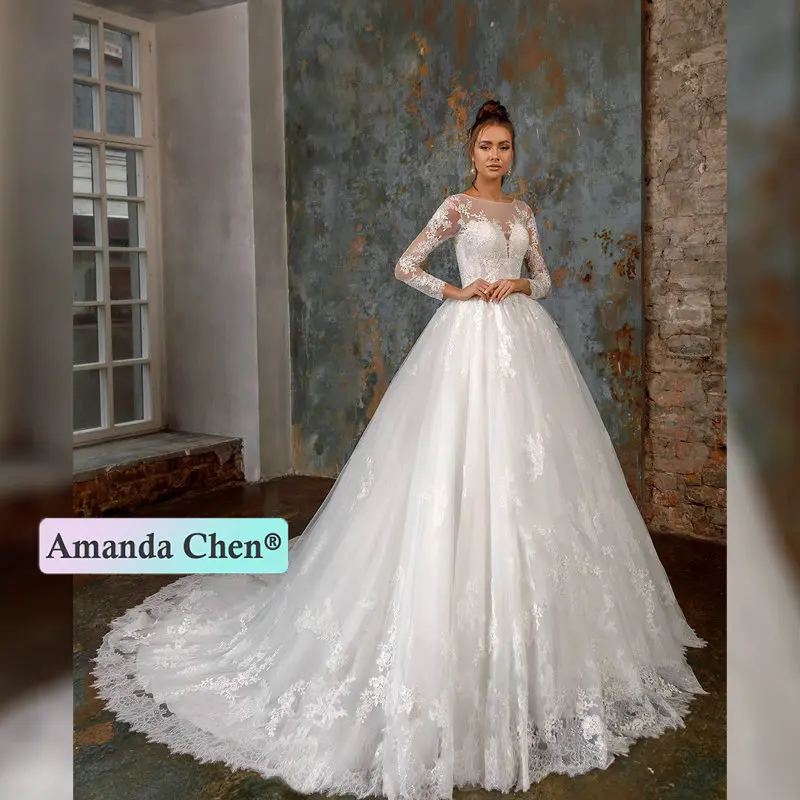 Новинка кружевное бальное платье с длинным рукавом и аппликацией свадебные