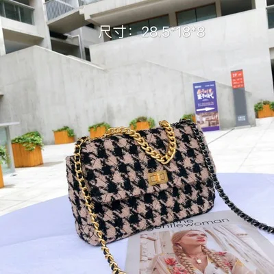 Brown plaid Новинка, зимняя клетчатая ретро женская квадратная сумка, качественная шерстяная женская дизайнерская сумка, женская сумка на цепочке, сумка через плечо - Цвет: Brown plaid