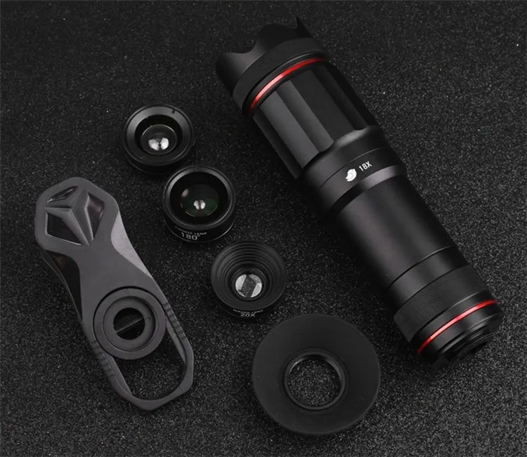 5в1 HD 4K смартфон объектив камеры комплект 18X телеобъектив с рыбий глаз широкоугольный Макро 2X телескоп линзы для Iphone huawei