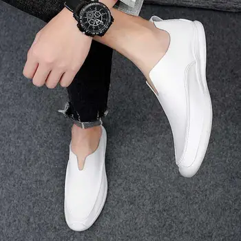 Genuine Leather Men Casual Shoes 2020 Summer Breathable Mens Loafers Fashion Slip On Soft White