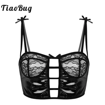 

TiaoBug Women Patent Leather Sheer Lingerie Adjustable Straps See Through Mesh Floral Lace Cups Corset Bra Tops Sexy Bralette