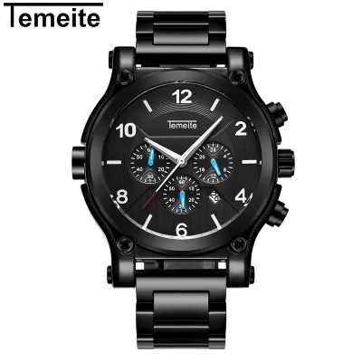 Black TEMEITE мужские часы с большим циферблатом, брендовые часы с датой, бизнес часы с ремешком из нержавеющей стали для мужчин, настоящие тройные глаза, Relogio Masculino - Цвет: Black