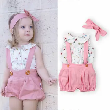 

Infant Baby Girl Flower Linen Tops Pants Shorts Headband Summer Clothes 3PCS