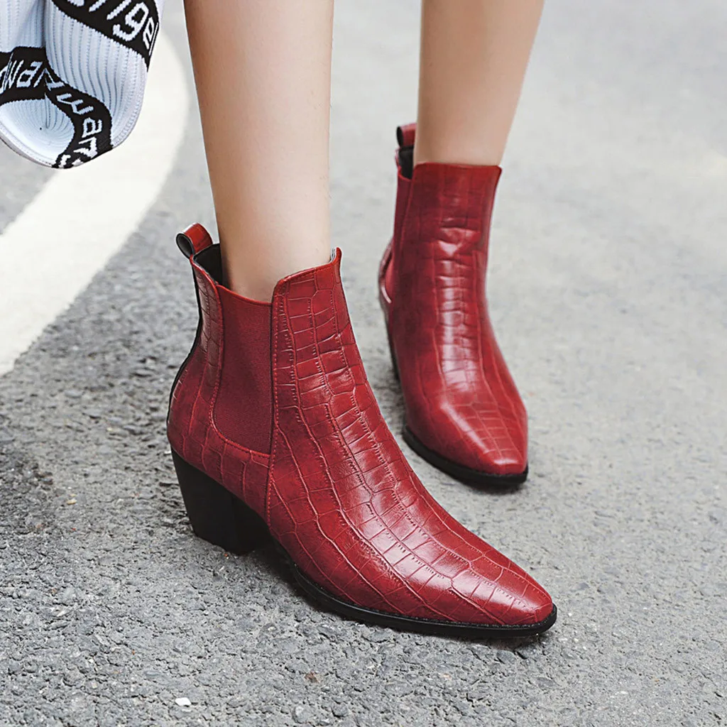 

Leather crocodile pattern boots solid color women winter boots warm pointed ankle boots women shoes hot autumn and winter shoes