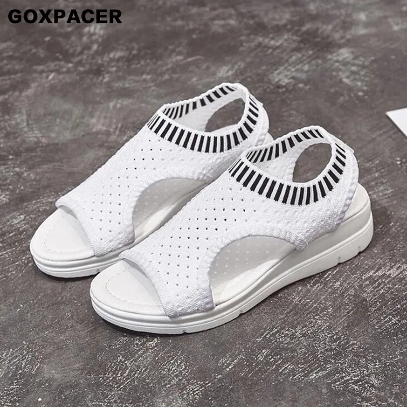 

GOXPACER Flying Weave Sandals Female Summer 2019 New Open Toe Suede Flat Bottom Polyurethane Simple Roman Women Sandals Fashion