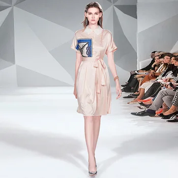 

New Fashion Summer Autumn Lace Peter Pan Vintage Dresses Runway Print Sashes Dress Women Elegant Satin Straight A-line Dress