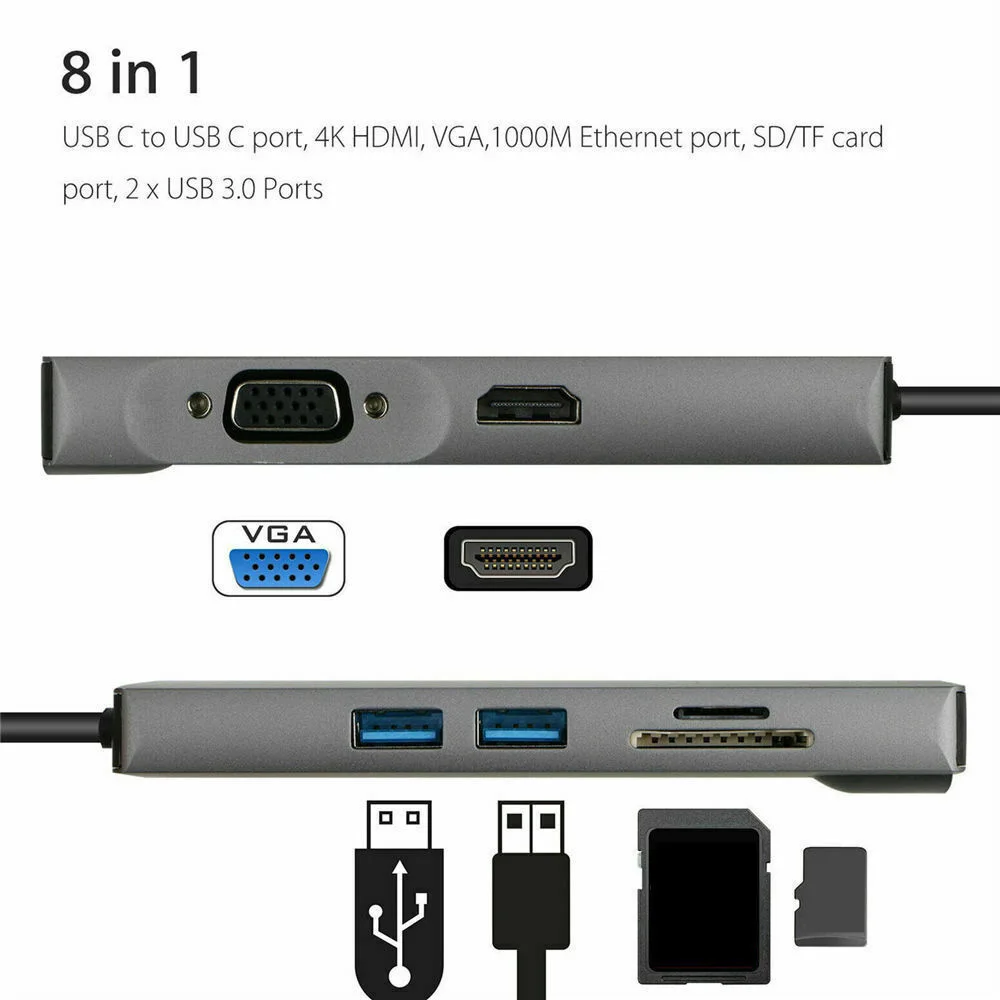 USB C концентратор USB3.0 HDMI VGA RJ45 Gigabit Ethernet SD/TF порт конвертер 8 в 1 и высококачественный