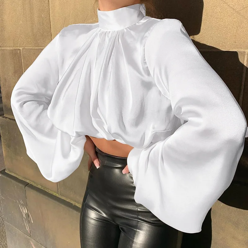 Hot sale2020 Spring new womens tops and blouses french vintage loose Satin pleated round neck lantern sleeve wild Solid sexy top - 4.00046E+12