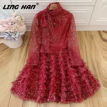 

LINGHAN Fashion Sequins Tiered Ruffles Red Cake Dress Women's elegant Mesh Party Dresses Designer Spring Summer New