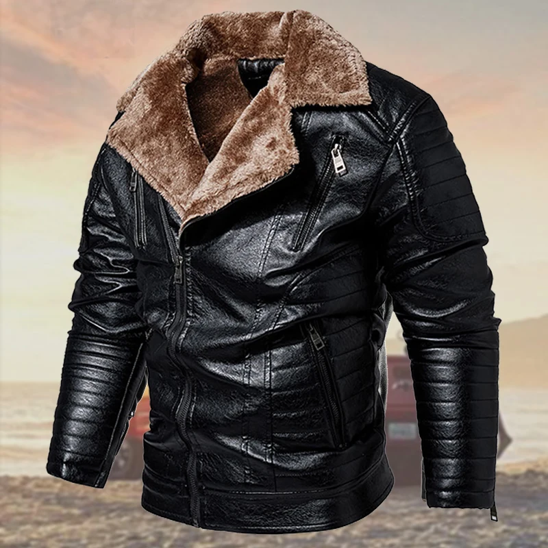 Winter Men's PU Leather Jacket Casual Male Thick Fur Thermal Overcoat Men Collar Motorcycle Windbreaker Down | Мужская одежда