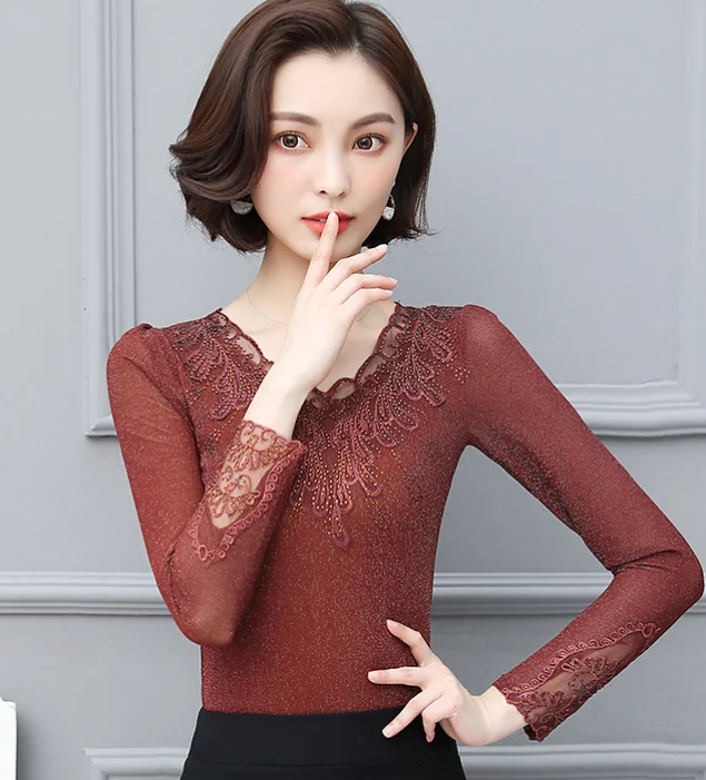 wine red Dingaozlz L-5XL, новинка, кружевные топы, v-образный вырез, плюс размер, рубашка, модная женская одежда, пэчворк, длинный рукав, Алмазная сетка, блузка - Цвет: wine red