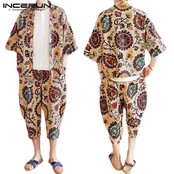 

INCERUN Men Sets Ethnic Style Printed Cotton Streetwear 2020 Retro Half Sleeve Tops Outerwear Casual Pants Men 2 Pieces Sets 7