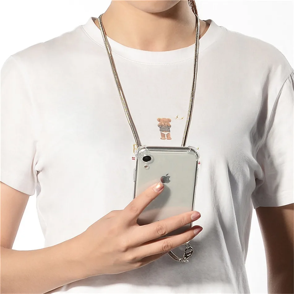 

Transparent Strap Cord Metal Chain Tape Necklace Phone Case For iPhone 11 7 8 6s 6 Plus 11 Pro X XR XS Max Soft Cover