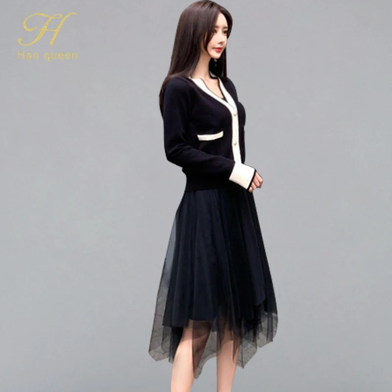 

H Han Queen Women's 2019 Autumn Contrast Color Knitted Cardigan Sweaters & Irreular Mesh Patchwork Dress OL Casual 2 Pieces Set