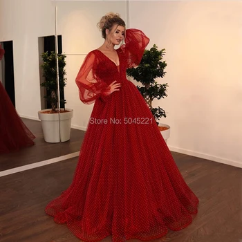 

Turkish Arabic Long Red Evening Party Dresses Formal 2020 Vestidos Puffy Prom Dress Kaftans Dubai Women Pageant Gown Middle East