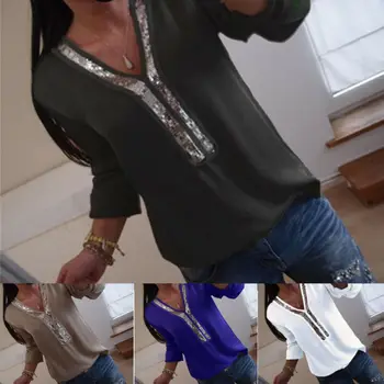 

Fashion Women Ladies Long Sleeve Loose Blouse Summer V-Neck Casual Shirts Tops Clothing Sequined Solid Casual Soft Clothes