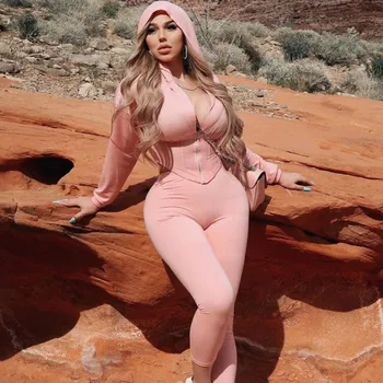 

2 Piece Sets 2020 Fashion Hooded Two Piece Set Jogging Femme Zipper Top + Pants Suit Sportwear Tracksuit Women Outfits Solid