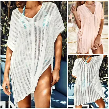

HOT Bikini Cover up Side Tied Knit Crochet Beach Dress Summer Swimwear Women Short Sleeve Bathing Suit Cover up Swimsuit tunic