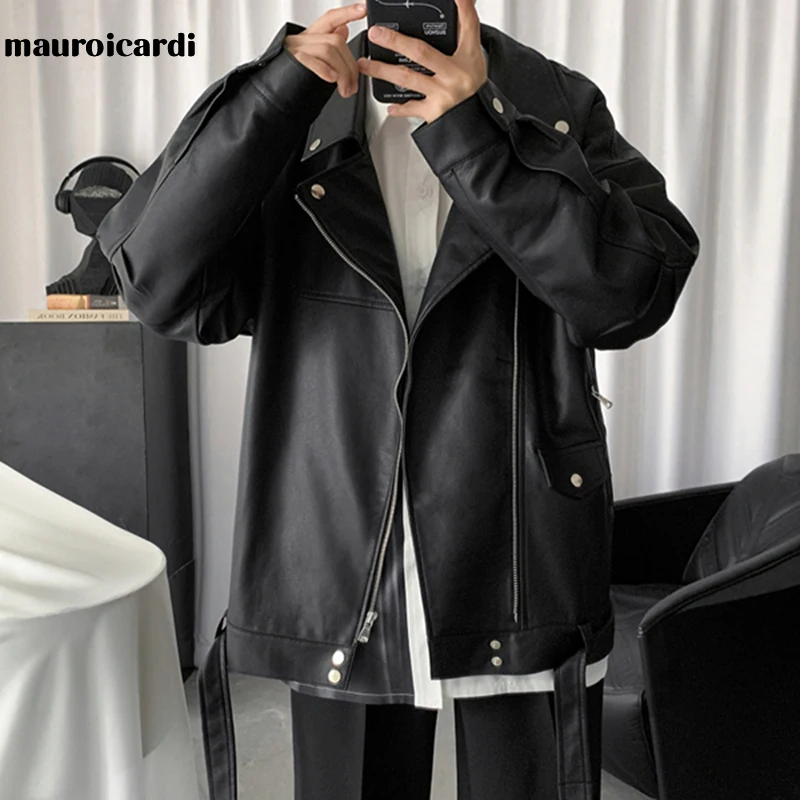 Mauroicardi Spring Black Oversized Leather Biker Jacket Men