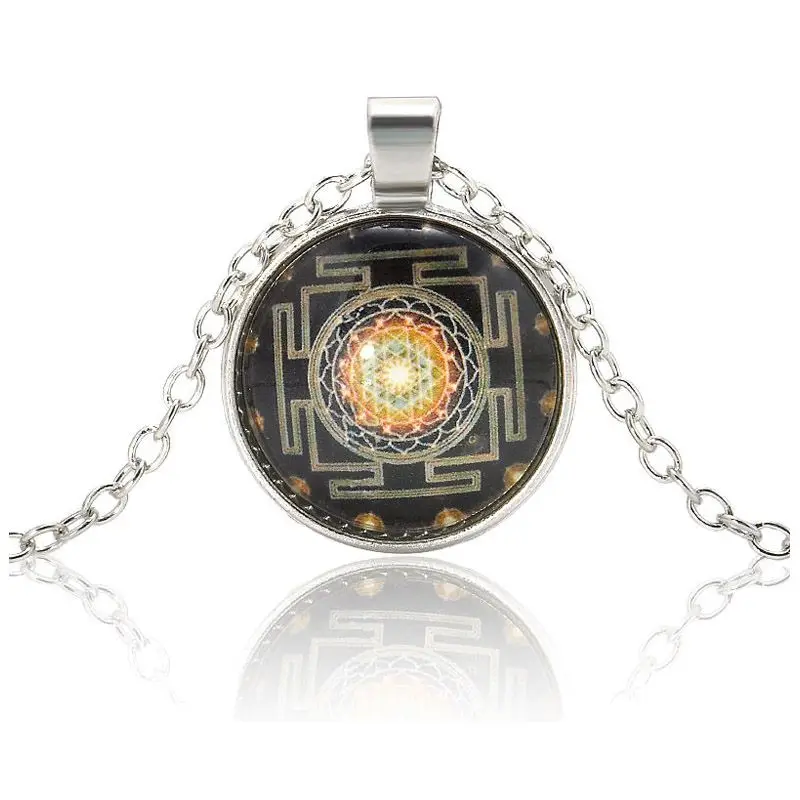 Sri Yantra Cabochon Glass Gold Chain Locket Pendant Necklace#A5 