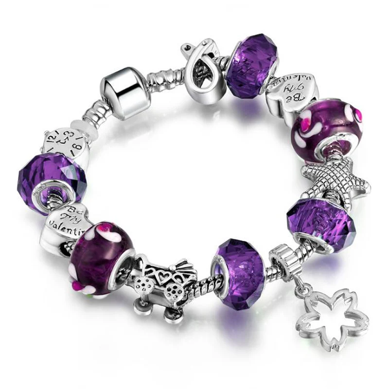 YANHUI DIY Стиль цветок Шарм браслет для женщин стеклянные бусины из хрусталя мяч бренд браслет для женщин Свадебные украшения подарок - Окраска металла: Purple