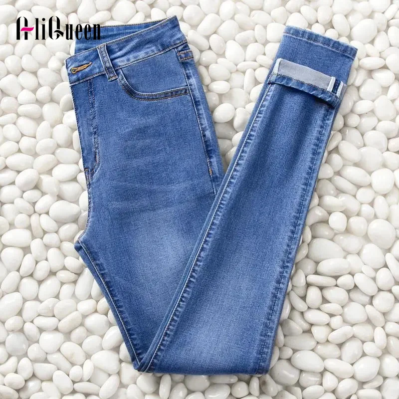

High Waisted Women Pencil Jeans Jeggings for Ladies Femme 3XL Super Stretchy Thin Blue Slim Mom Jeans Long Denim Pants