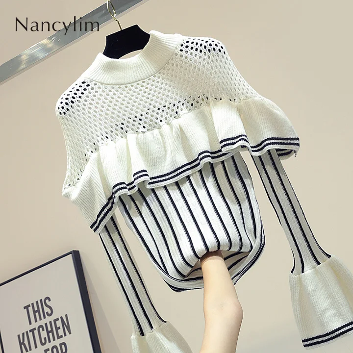 

Turtleneck Sweater Hollow Reffles Flare Sleeve Pullover Jumper New Ruffled Stitching Knit Tops Lady Slim Pull Sweater Femme