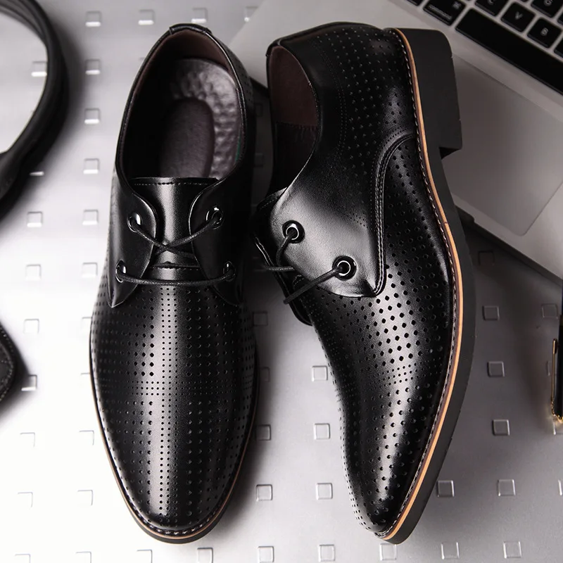 

New Style Men Formal Wear Business Leather Shoes Men's Hollow out Breathable Porous Sandals Pointed-Toe Lace-up Men Shoes