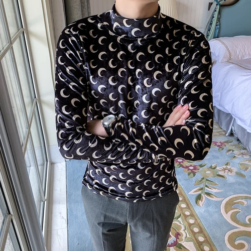 black Водолазка футболки мужские с цветочным принтом Shrirs Slim Fit зимние Бархатные футболки стильные красные принтованные мужские Фланелевые футболки - Цвет: black