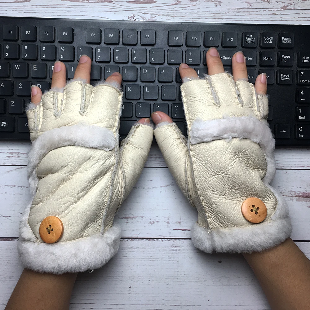 варежки женские 2019 Зимние перчатки Для женщин из настоящей овечьей шерсти Варежки Перчатки женские теплые уличные, из натуральной кожи