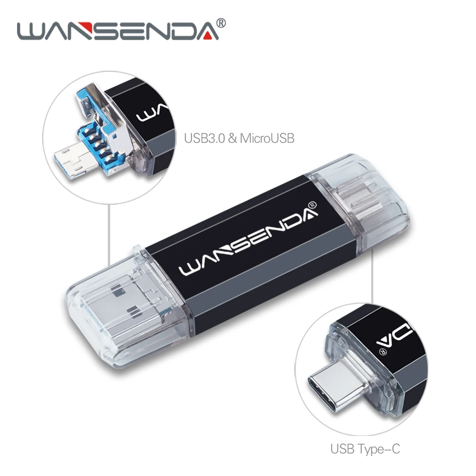 WANSENDA OTG USB флеш-накопитель 3 в 1 USB3.0& Тип type-C и Micro USB флэш-накопитель 512 ГБ 256 ГБ 128 Гб 64 Гб оперативной памяти, 32 Гб встроенной памяти USB флешки на флэшке - Цвет: Черный