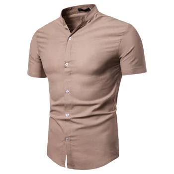 

NEGIZBER New Fashion Men's Short Sleeve Shirts Solid Slim Fit Stand Collar Cotton Linen Shirt Men Casual Business Clothes