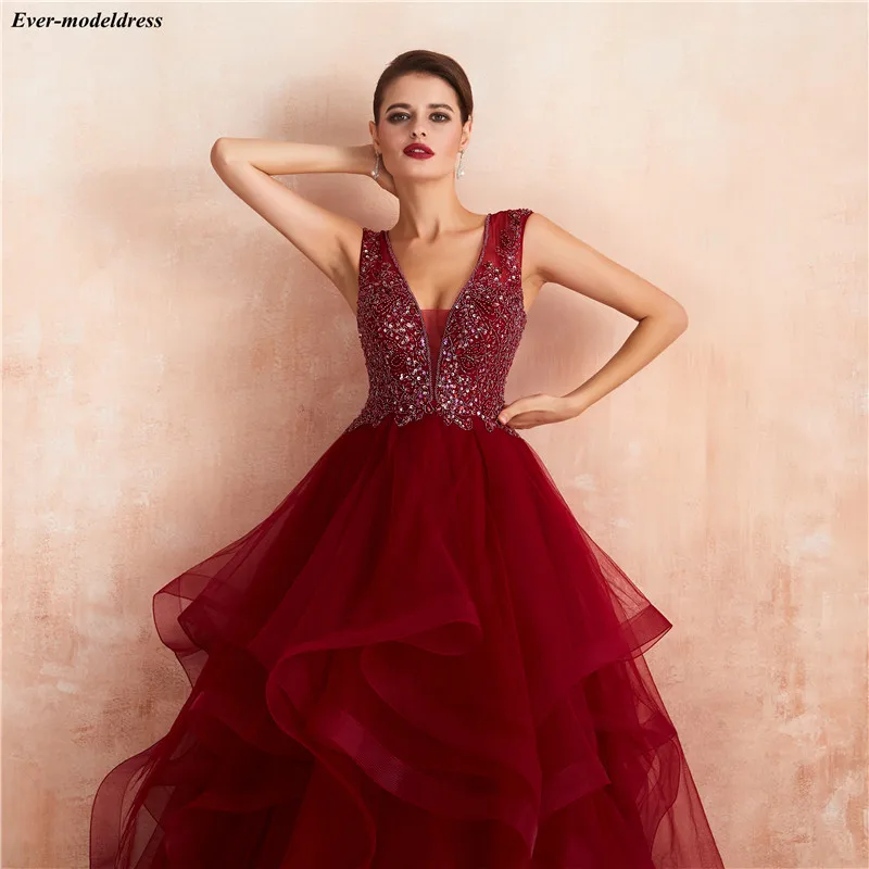 Бордовые платья Quinceanera бальное платье из бисера с блестками с v-образным вырезом, платья с рюшами в пол Длина Сладкий 16 платья День рождения Бальные платья