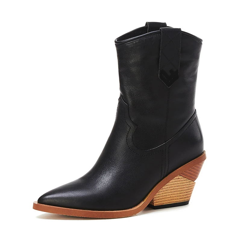 

COOLULU Autumn Shoes Women Genuine Leather Cowboy Black White Leather Boots Pointed Toe Block Heel Embroidery Knight ankle Boots