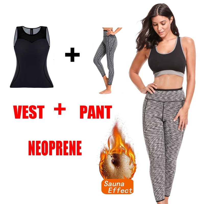 NINGMI Gym Shirt + Slimming Pant Sport Set Women Neoprene Sauna Suit Body Shaper Control Panties Running Vest Slim Waist Trainer