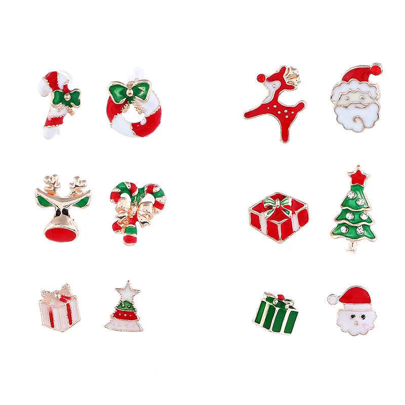 

6 Pairs/Set Asymmetric Christmas Stud Earring Snowman Tree Bell Earrings Jewelry Personality Christmas Gifts for Women Girls