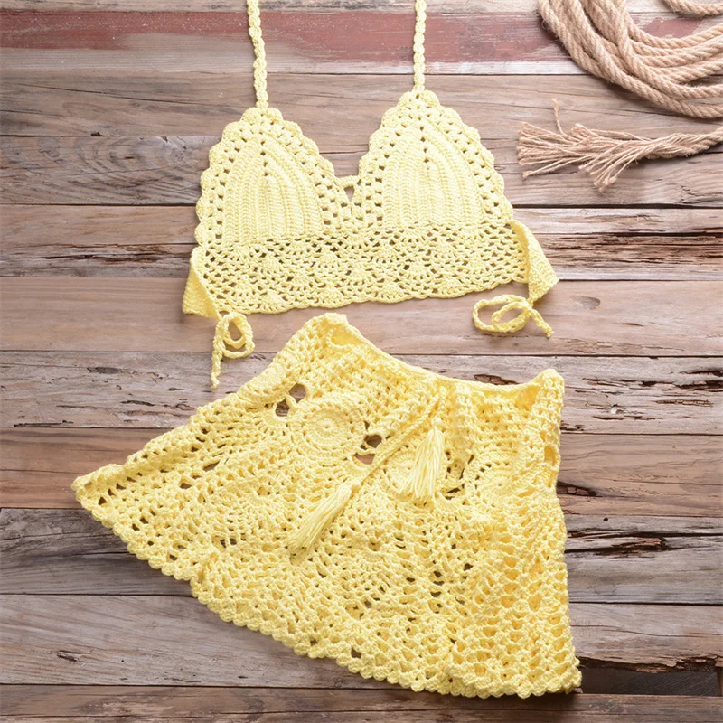 Conjunto de biquíni feminino Crochet Sheer Hollow