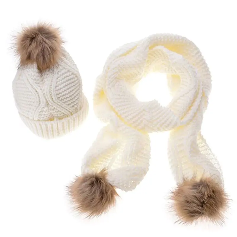 2 Women Winter Scarf Hat Set Rhombus Knit Pompom Ball Cuffed Beanie Cap Shawl - Цвет: 2