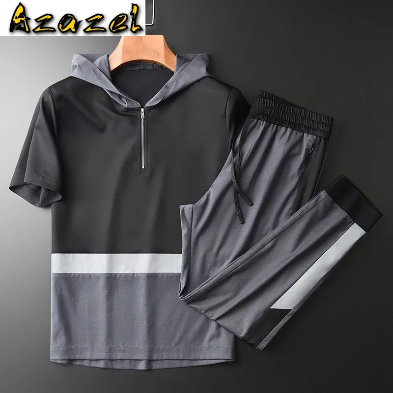 

Azazel Hooded Summer Mens Sets (t-shirt+pants) Luxury Short Sleeve Splicing Design Man Sets Plus Size 4xl Slim Fit Man Tracksuit