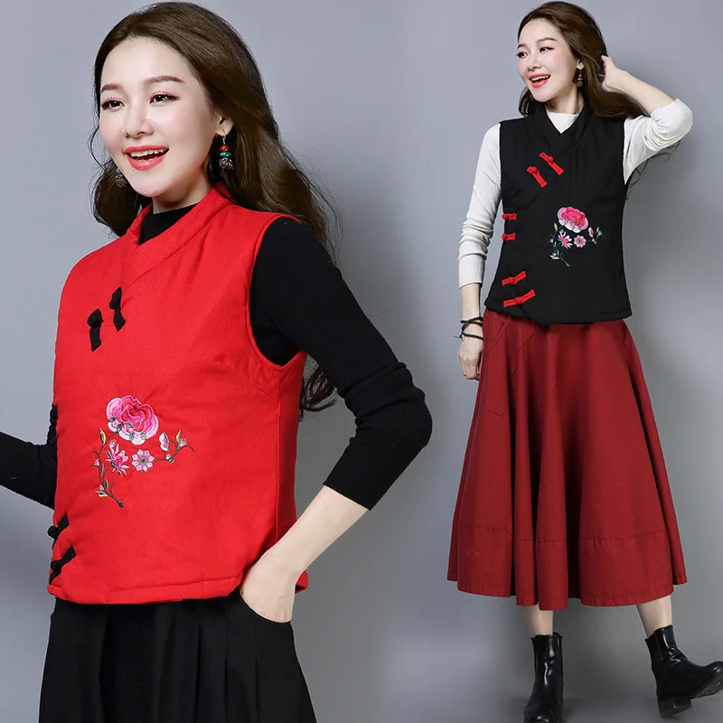 

6298 Winter Origional New Style Ethnic-Style Chinese Style Retro Embroidered Chinese Costume Sleeveless Cotton Coat Waistcoat To