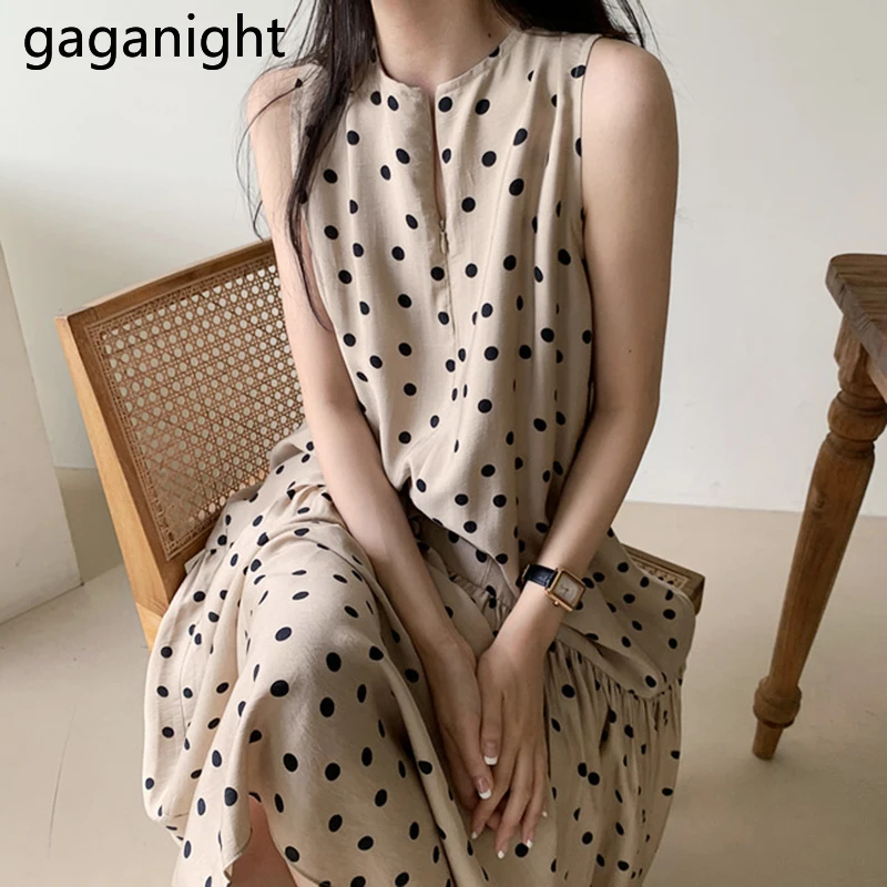 Gaganight винтажное женское длинное платье в горошек летнее тонкое шикарное