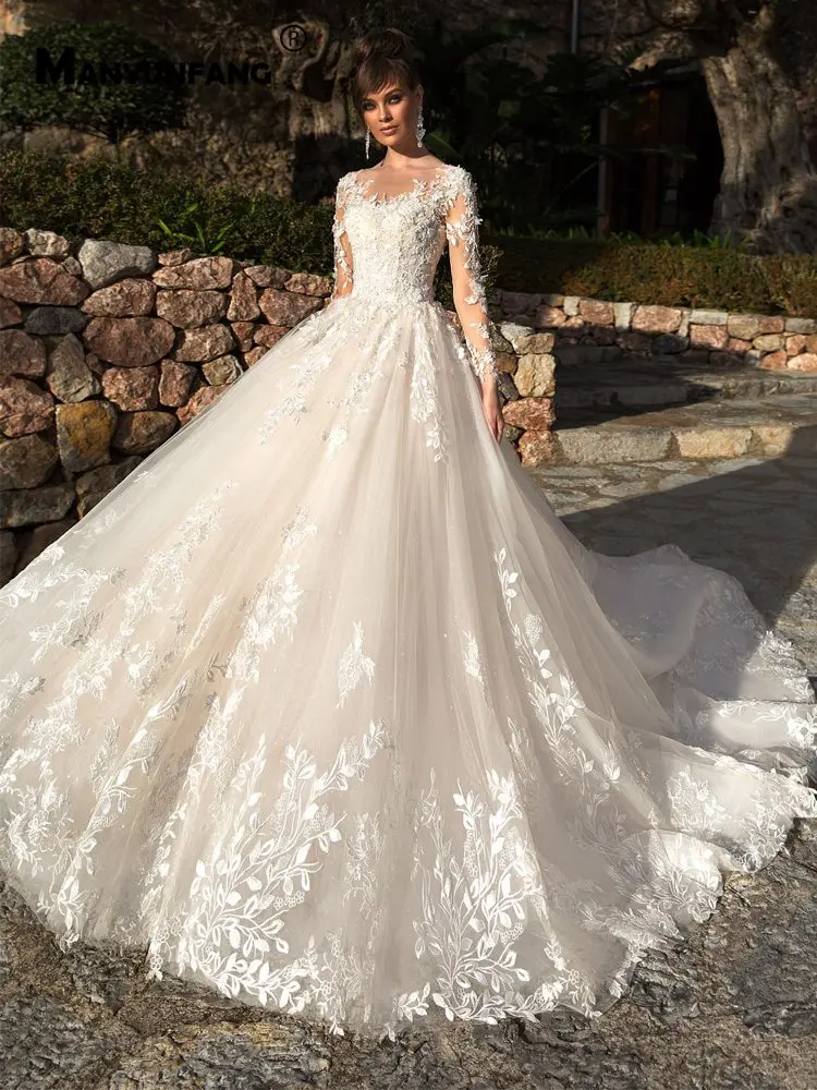 Слоновая кость MANYUNFANG, высокое качество, Тюлевое платье, robe de mariage, кружевное цветочное свадебное платье в стиле бохо на шнуровке сзади, зимнее свадебное платье - Цвет: Слоновая кость