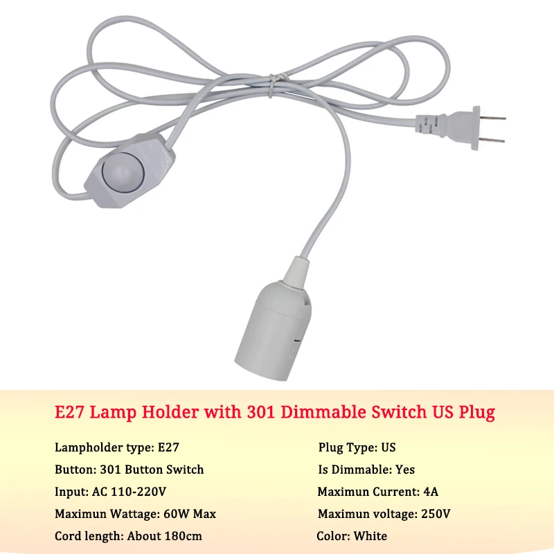 E27 Lamp Holder 303 Button Swith with White/ Black Suspension Extension Cord hanging wire for DIY Chandelier Bulb Light Lighting - Цвет: US White